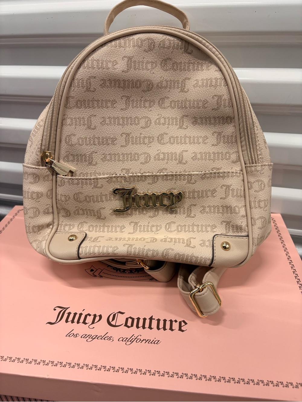 Juicy Couture Beige Logo Backpack with Gold Accents